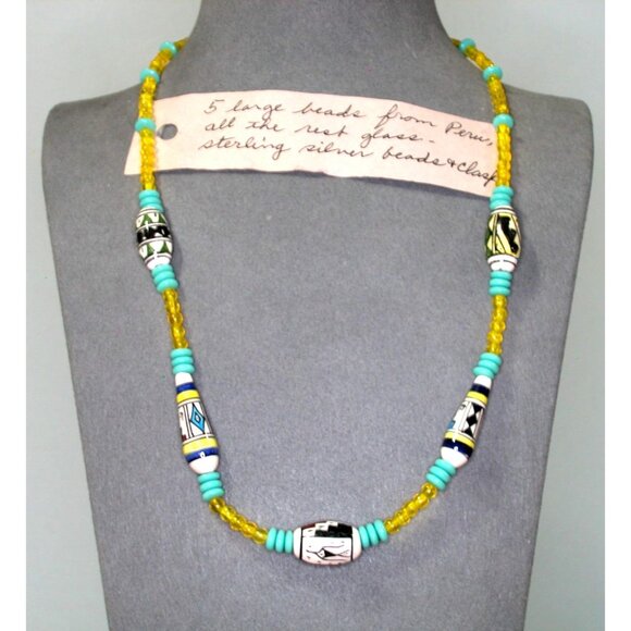 Jewelry - Peruvian Beaded Necklace 20" Sterling Silver Clasp Glass & Hand-Painted Beads
